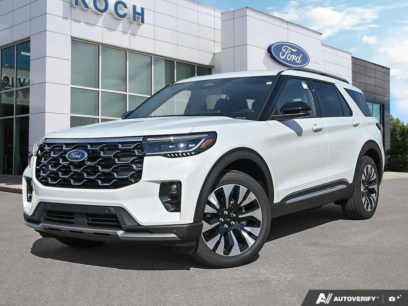 NEW 2026 Ford Explorer Platinum - Star White Tri-Coat Exterior / MOJAVE DUSK, PREM. LEATHER SEATING SURFACES SPORT CAPTAIN CHAIRS Interior - $64,348 - Stock #E61073 - VIN 1FMUK8HHXTGC46954 - Photo 1